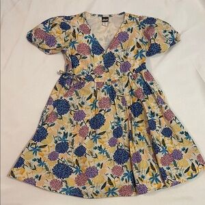 Tea Collection Blue and Yellow V-Neck Puff Sleeve Dress